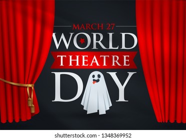 27 Mart Dünya Tiyatrolar Günü. Translation: March 27, World theatre day, concept greeting card, with curtains and Scene with red velvet curtain, theatrical masks. Template, vector, illustration.