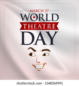 27 Mart Dünya Tiyatrolar Günü. Translation: March 27, World theatre day, concept greeting card, with curtains and Scene with red velvet curtain, theatrical masks. Template, vector, illustration.