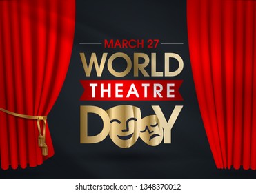 27 Mart Dünya Tiyatrolar Günü. Translation: March 27, World theatre day, concept greeting card, with curtains and Scene with red velvet curtain, theatrical masks. Template, vector, illustration.