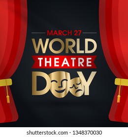 27 Mart Dünya Tiyatrolar Günü. Translation: March 27, World theatre day, concept greeting card, with curtains and Scene with red velvet curtain, theatrical masks. Template, vector, illustration.