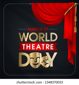 27 Mart Dünya Tiyatrolar Günü. Translation: March 27, World theatre day, concept greeting card, with curtains and Scene with red velvet curtain, theatrical masks. Template, vector, illustration.