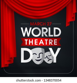 27 Mart Dünya Tiyatrolar Günü. Translation: March 27, World theatre day, concept greeting card, with curtains and Scene with red velvet curtain, theatrical masks. Template, vector, illustration.