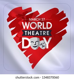27 Mart Dünya Tiyatrolar Günü. Translation: March 27, World theatre day, concept greeting card, with curtains and Scene with red velvet curtain, theatrical masks. Template, vector, illustration.