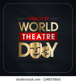 27 Mart Dünya Tiyatrolar Günü. Translation: March 27, World theatre day, concept greeting card, with curtains and Scene with red velvet curtain, theatrical masks. Template, vector, illustration.