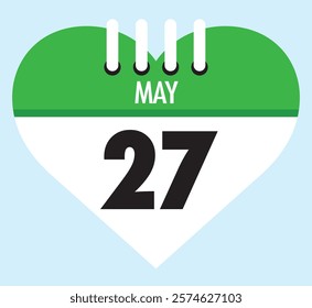 27 May calendar icon green heart shape on light sky blue color background, calendar vector symbol for the month of May.