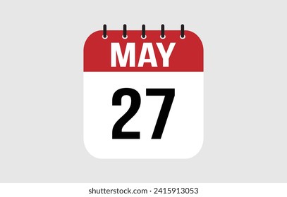icono del calendario 27 de mayo. Vector de página del calendario rojo para los días y semanas de mayo.