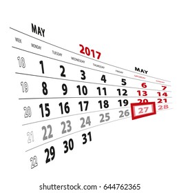 27 May highlighted on calendar 2017. Week starts from Monday. Vector Illustration.