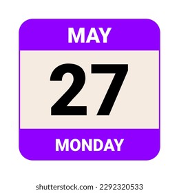 27 de mayo, lunes. Plantilla de fecha. Diseño útil para la promoción de calendarios o eventos. Ilustración vectorial Archivo EPS 10. Aislado sobre fondo blanco. 