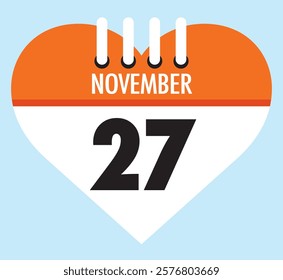 27 November calendar icon orange heart shape on light sky blue color background, calendar vector symbol for the month of November.