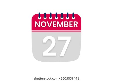 27 November month single day vector, illustration, calendar with red, off white and white color background calendar November 27