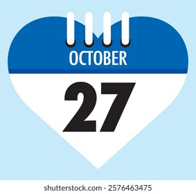 27 October calendar icon blue heart shape on light sky blue color background, calendar vector symbol for the month of October.