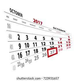 27 October highlighted on calendar 2017. Week starts from Monday. Vector Illustration.