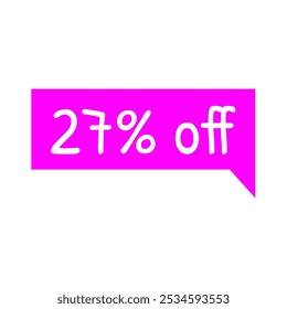 27% off. Discount tag magenta and white text. Marketing promotions, retail sales. Simple offer tag. Twenty seven percent off.