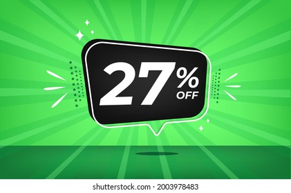 27% off. Green banner with twenty-seven percent discount on a black balloon for mega big sales.