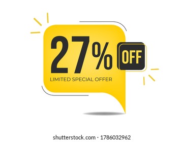 27% off limited special offer. Banner with twenty-seven percent discount on a yellow square balloon.