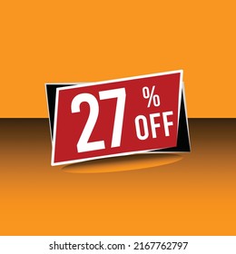 27% off, marketing,sale, deal, banner with orange to yellow background with gradient. White writing on red balloon.