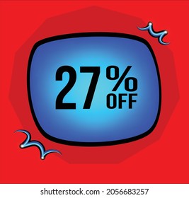 27% off , 27 percent, blue retangle, Red background, number twenty-seven .