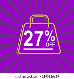27% off. Purple, white and yellow banner with twenty seven percent discount. Shopping bag concept vector.