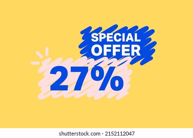 27% OFF Sale Descuento plantilla de forma de banner. Super Venta 27 por ciento Oferta especial botón final de la temporada venta cupón icono de burbuja. Diseño conceptual moderno. Ilustración vectorial de etiqueta de precio de oferta de descuento.