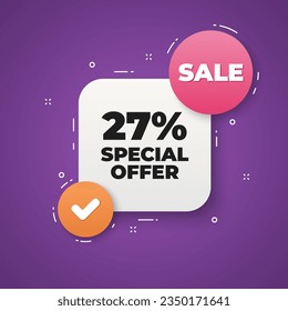 27 percent discount offer tag. 3d bubble chat banner. Discount offer coupon. Sale price promo sign. Special offer symbol. Discount adhesive tag. Promo banner. Vector