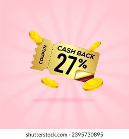27 percent gift voucher with coupon Cash back. For business promotion sales and Discount online purchases. Tag label, sale banner with golden coin cash back. 