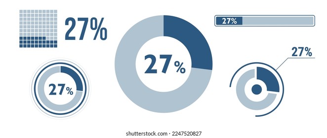 27 percent loading data icon set. Twenty-seven circle diagram, pie donut chart, progress bar. 27% percentage infographic. Vector concept collection, blue color.