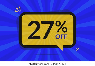 27 percent off. 27% discount. Blue and Yellow banner with floating balloon for promotions and offers.