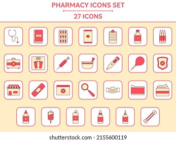 27 Pharmacy Square Icon Set In Red And Yellow Color.