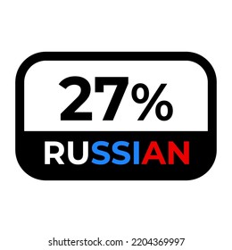 Cartel "27% ruso" con frontera negra. Ilustración vectorial de la etiqueta con un tipo de letra elegante en colores de la bandera rusa