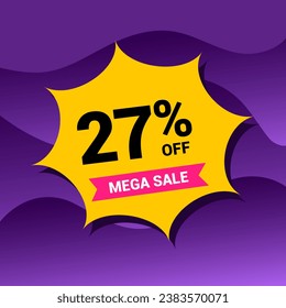 27% sale badge vector illustration on a purple gradient background. Twenty seven percent price tag. Yellow and purple.