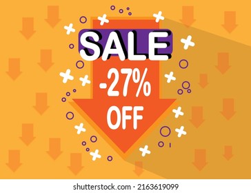 27% sale discount. Arrow icon with price drop for sales and special promotion in orange and white color.