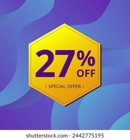 27% Sale and Discount Label. Twenty seven percent Sale Discount label Geometric design. Abstract Blue and Yellow Hexagon. Vector illustration.