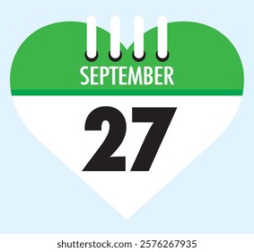 27 September calendar icon green heart shape on light sky blue color background, calendar vector symbol for the month of September.