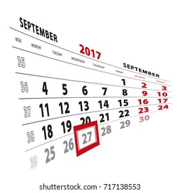 27 September highlighted on calendar 2017. Week starts from Monday. Vector Illustration.