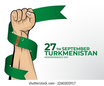 27 September. Vector illustration of Happy Independence Day greeting card for the country of Turkmenistan with clenched fists and a flag ribbon. Use for banners on a white background.