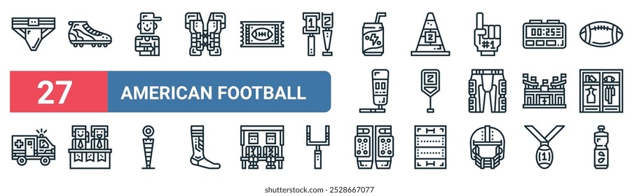 27 set of outline web american football icons featuring shoes, coach, cone, mark, stadium, commentator, kneepad, bottle vector thin line icons for ui, web design and mobile app.