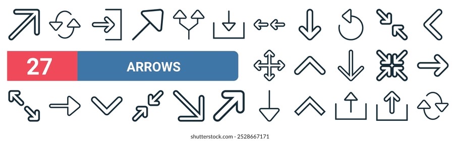 27 conjunto de delinear ícones de setas da web com atualizar, entrar, seta, seta, minimizar, seta, atualizar vetor ícones de linha fina para ui, web design e aplicativo móvel.