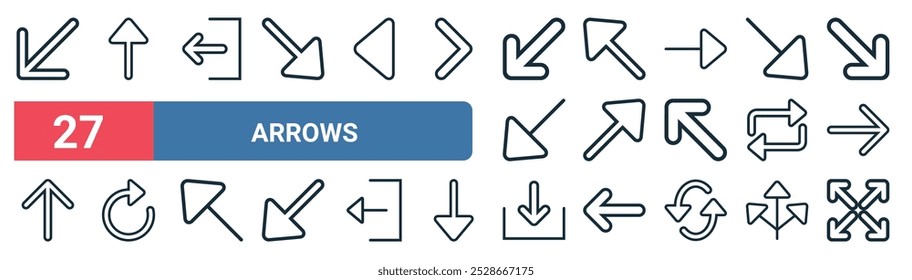 27 conjunto de iconos de flechas de Web de contorno con flecha, salida, flecha diagonal, flecha diagonal, recarga, recarga, Descarga, expandir iconos de línea delgada de Vector para interfaz de usuario, Diseño web y App móvil.