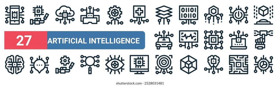 27 set of outline web artificial intelligence icons featuring artificial intelligence, cloud computing, binary, voice recognition, laptop, chat, target, analytics vector thin line icons for ui, web