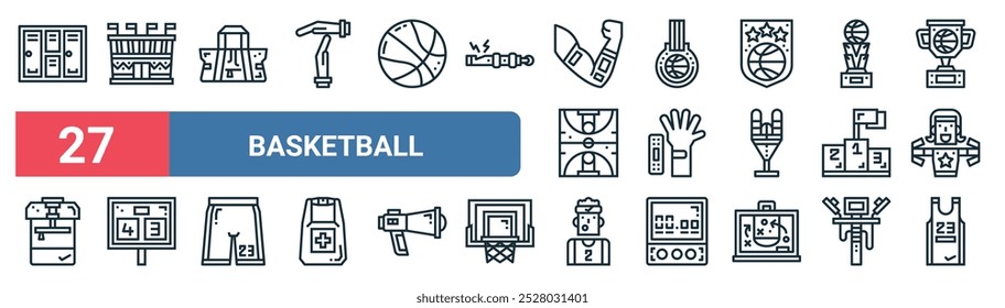 27 set of outline web basketball icons featuring stadium, sport bag, medal, plaster, podium, scoreboard, headband, basketball jersey vector thin line icons for ui, web design and mobile app.