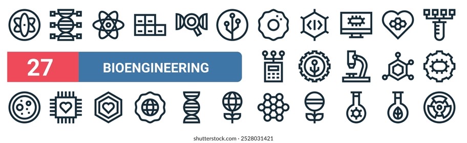 27 conjunto de delinear ícones de bioengenharia web com dna, átomo, codificação, engenharia, estrutura, nanotecnologia, estrutura, vetor radioativo linha fina ícones para ui, web design e aplicativo móvel.