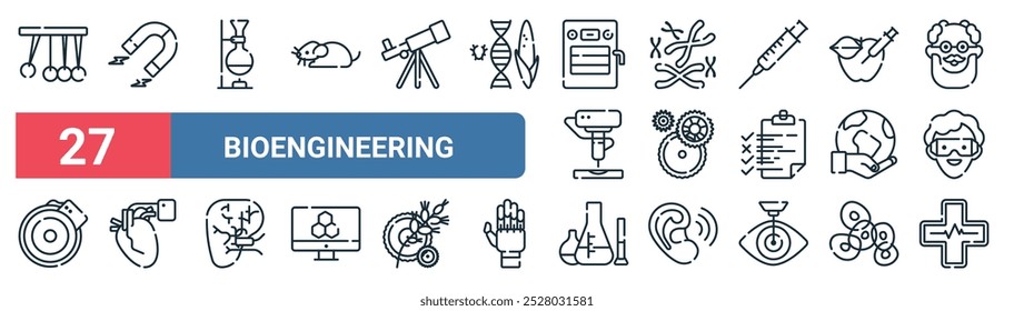 27 conjunto de esboço ícones de bioengenharia web com magnetismo, laboratório, cromossomo, mecânica, mundo, desfibrilador, substâncias químicas, vetor de saúde linha fina ícones para ui, web design e