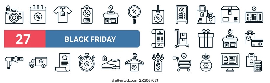 27 set of outline web black friday icons featuring calendar, clothes, sale, trolley, store, truck, price tag, calculator vector thin line icons for ui, web design and mobile app.