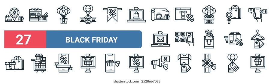 27 conjunto de iconos de Web de contorno de viernes negro con calendario, regalos, tienda en línea, código QR, paquete, Carrito, promoción, Vector de regalo, iconos de línea delgada para UI, Diseño web y App móvil.