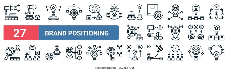 27 set of outline web brand positioning icons featuring advertising, startup, branding, marketing, business, communication, market, creative vector thin line icons for ui, web design and mobile app.