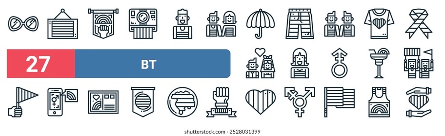 27 set of outline web bt icons featuring  , tb, short, woman, cocktail, smartphone, heart, give vector thin line icons for ui, web design and mobile app.