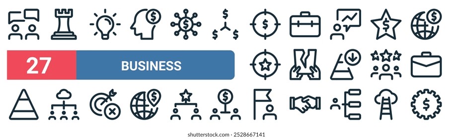 27 set of outline web business icons featuring rook, idea, briefcase, tear, group, hierarchy, flag, money vector thin line icons for ui, web design and mobile app.