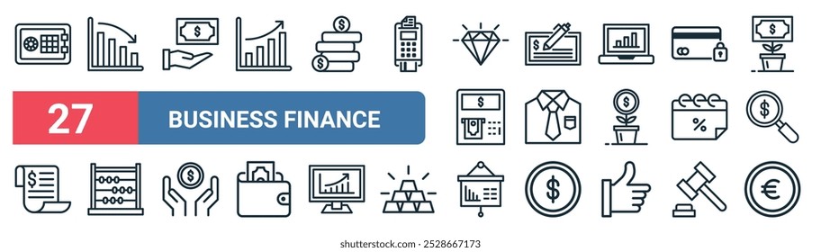 27 set of outline web business finance icons featuring analytics, payment, check, shirt, calendar, abacus, presentation, coin vector thin line icons for ui, web design and mobile app.