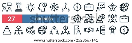 27 set of outline web business icons featuring rook, idea, briefcase, tear, group, hierarchy, flag, money vector thin line icons for ui, web design and mobile app.