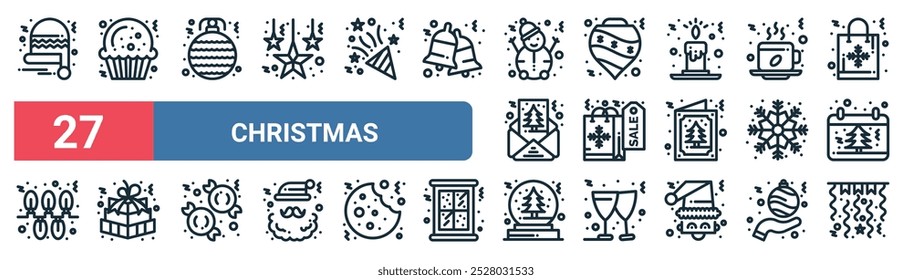 27 set of outline web christmas icons featuring cup cake, ball, bauble, shopping bag, snowflake, christmas present, christmas ball, celebration flag vector thin line icons for ui, web design and